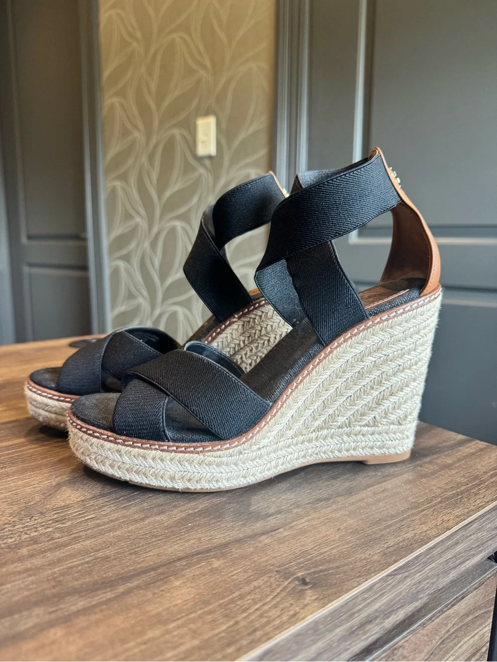 Tory Burch Black Espadrille Wedge Sandals with Elastic Straps 7